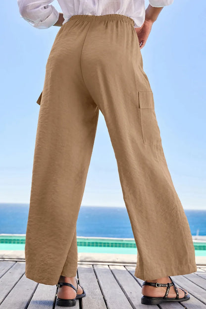 Drawstring Frilled Waist Wide Leg Utility Trousers