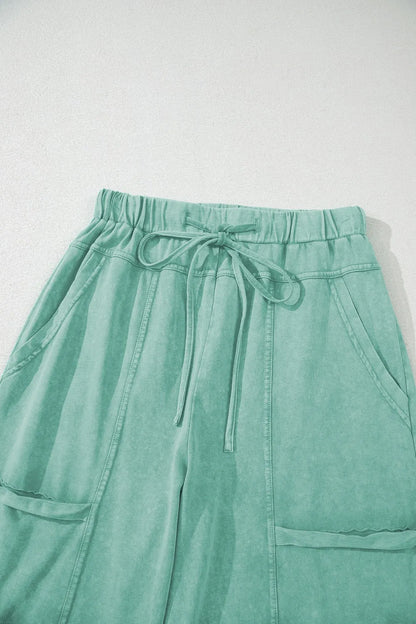 Mineral Wash Exposed Seam Drawstring High Waist Wide Leg Cargo Pants