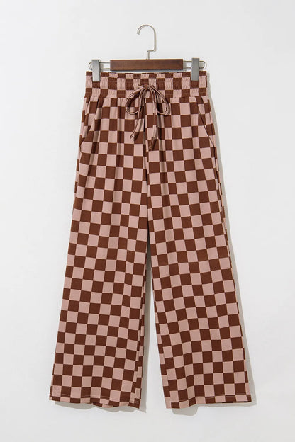 Checkered Elastic High Waist Loose Casual Pants