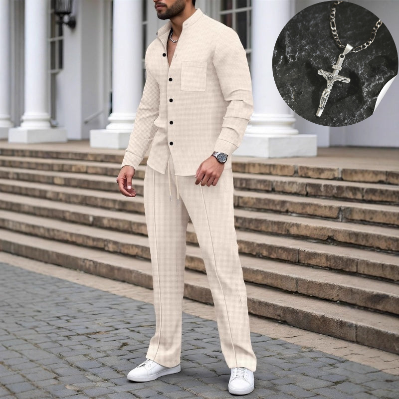 Men’s Casual Waffle Shirt Pants 2-Piece Set