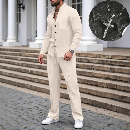 Men’s Casual Waffle Shirt Pants 2-Piece Set