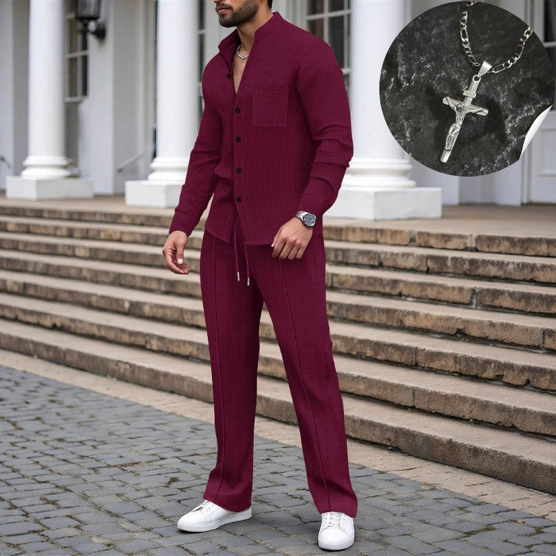 Men’s Casual Waffle Shirt Pants 2-Piece Set