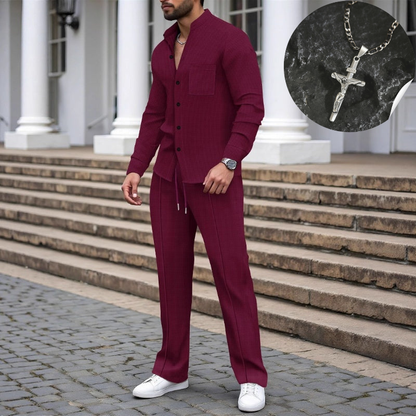Men’s Casual Waffle Shirt Pants 2-Piece Set