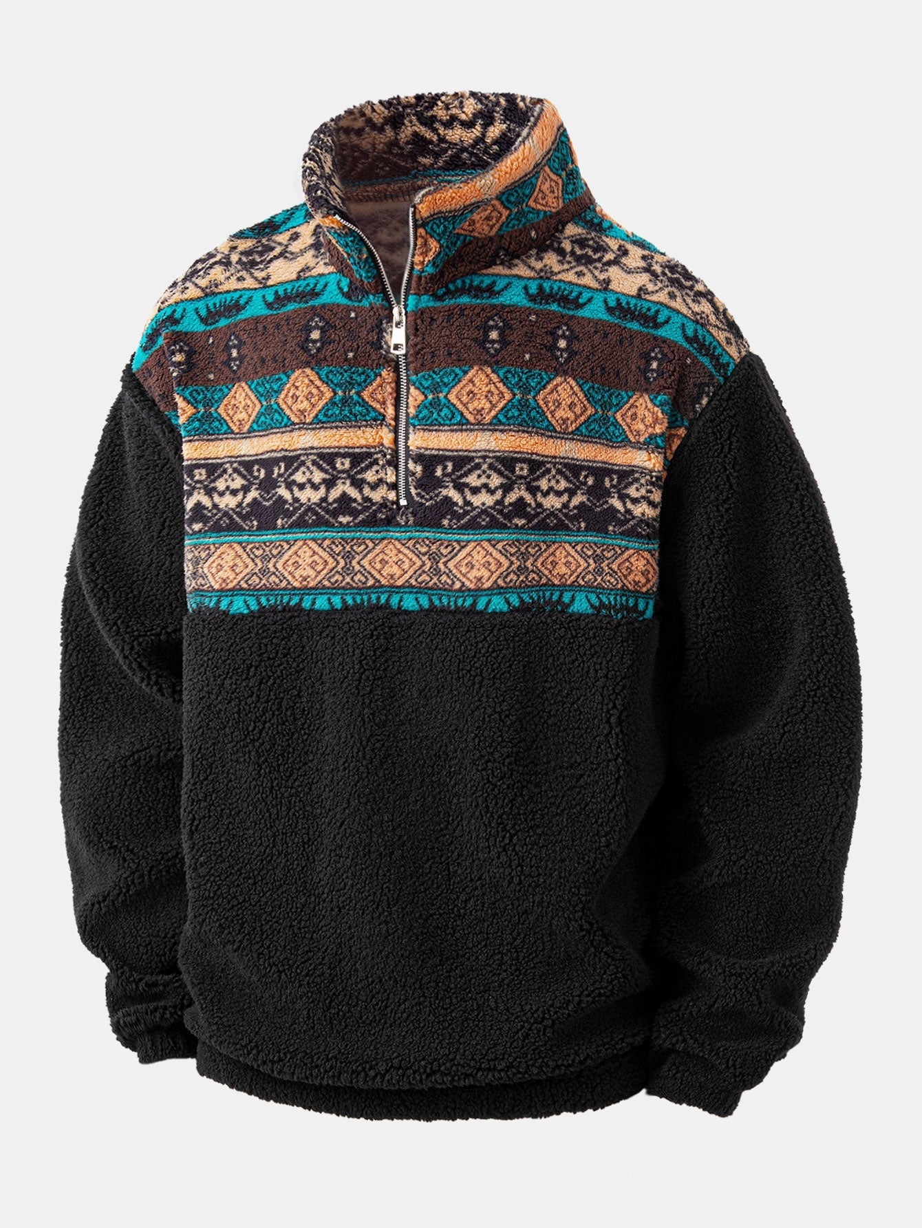 Relax Fit Quarter Zip Ethnic Geometric Patchwork Teddy Sweatshirt