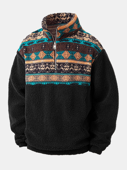 Relax Fit Quarter Zip Ethnic Geometric Patchwork Teddy Sweatshirt