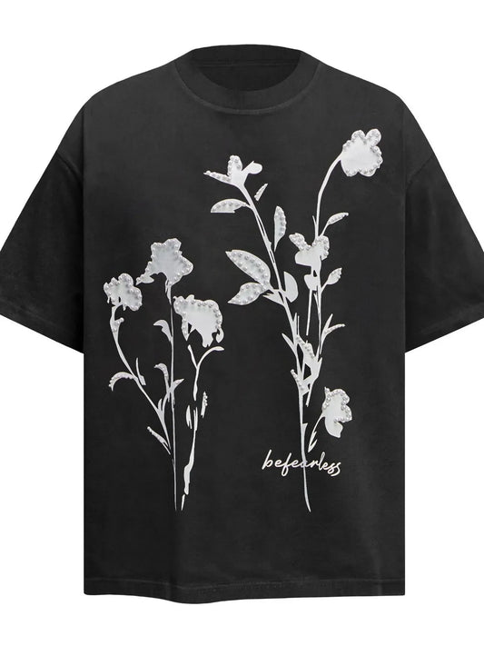 Men's Flower Pearl Detail Oversized Short Sleeve T-Shirt