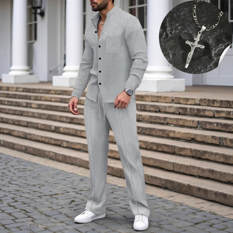 Men’s Casual Waffle Shirt Pants 2-Piece Set