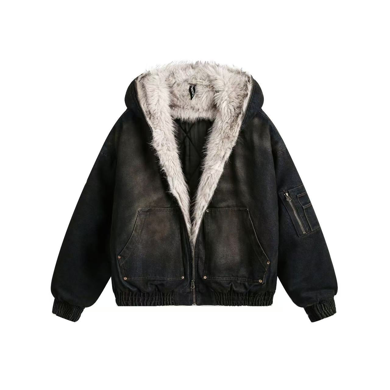 Vintage Washed Sherpa-Lined Denim Jacket