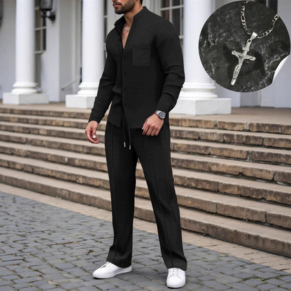 Men’s Casual Waffle Shirt Pants 2-Piece Set