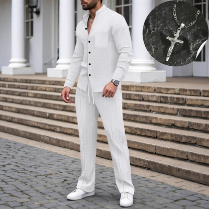 Men’s Casual Waffle Shirt Pants 2-Piece Set