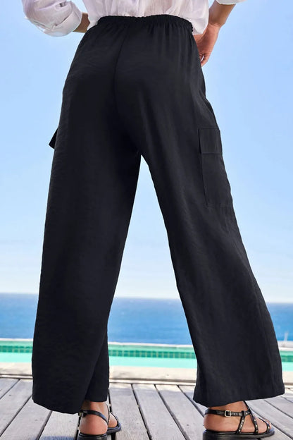 Drawstring Frilled Waist Wide Leg Utility Trousers