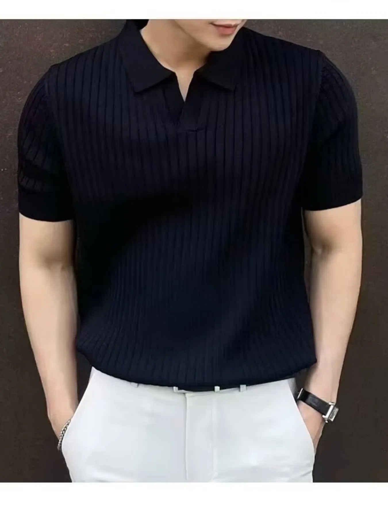 Men's Full Size Ribbed Short Sleeve Knit Polo Plus Size