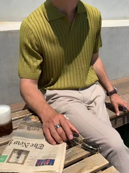 Men's Full Size Ribbed Short Sleeve Knit Polo Plus Size