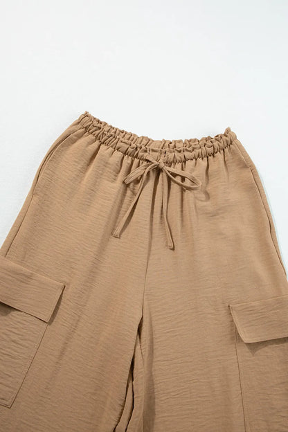 Drawstring Frilled Waist Wide Leg Utility Trousers