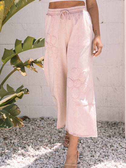 Floral Wide Leg Crop Pants with Drawstring Waistband