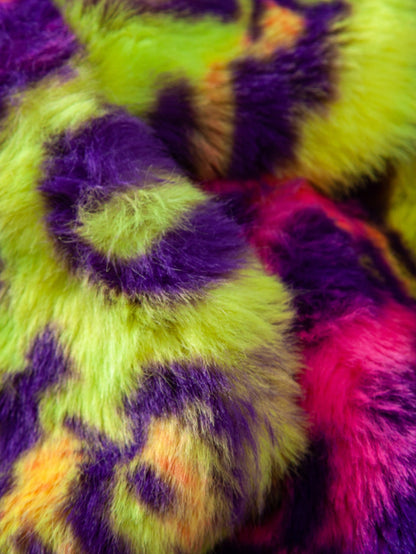 Faux Fur Colorful Leopard Zip Up Hooded Coat