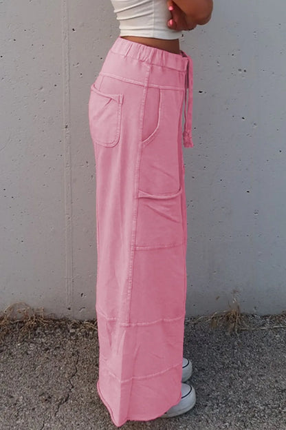 Mineral Wash Exposed Seam Drawstring High Waist Wide Leg Cargo Pants