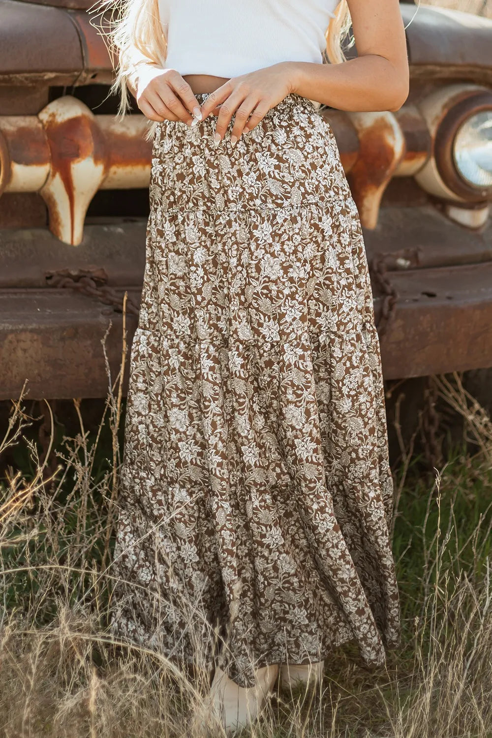 Floral Print Tiered Maxi Skirt