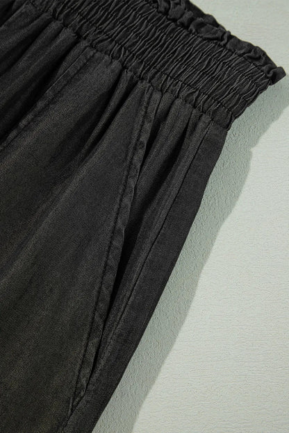Side Pockets Frilled Smocked High Waist Wide Leg Pants