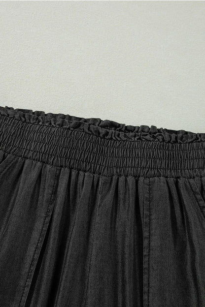 Side Pockets Frilled Smocked High Waist Wide Leg Pants