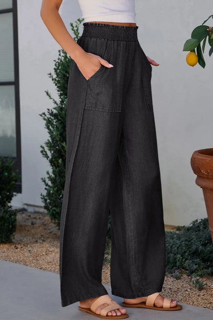 Side Pockets Frilled Smocked High Waist Wide Leg Pants