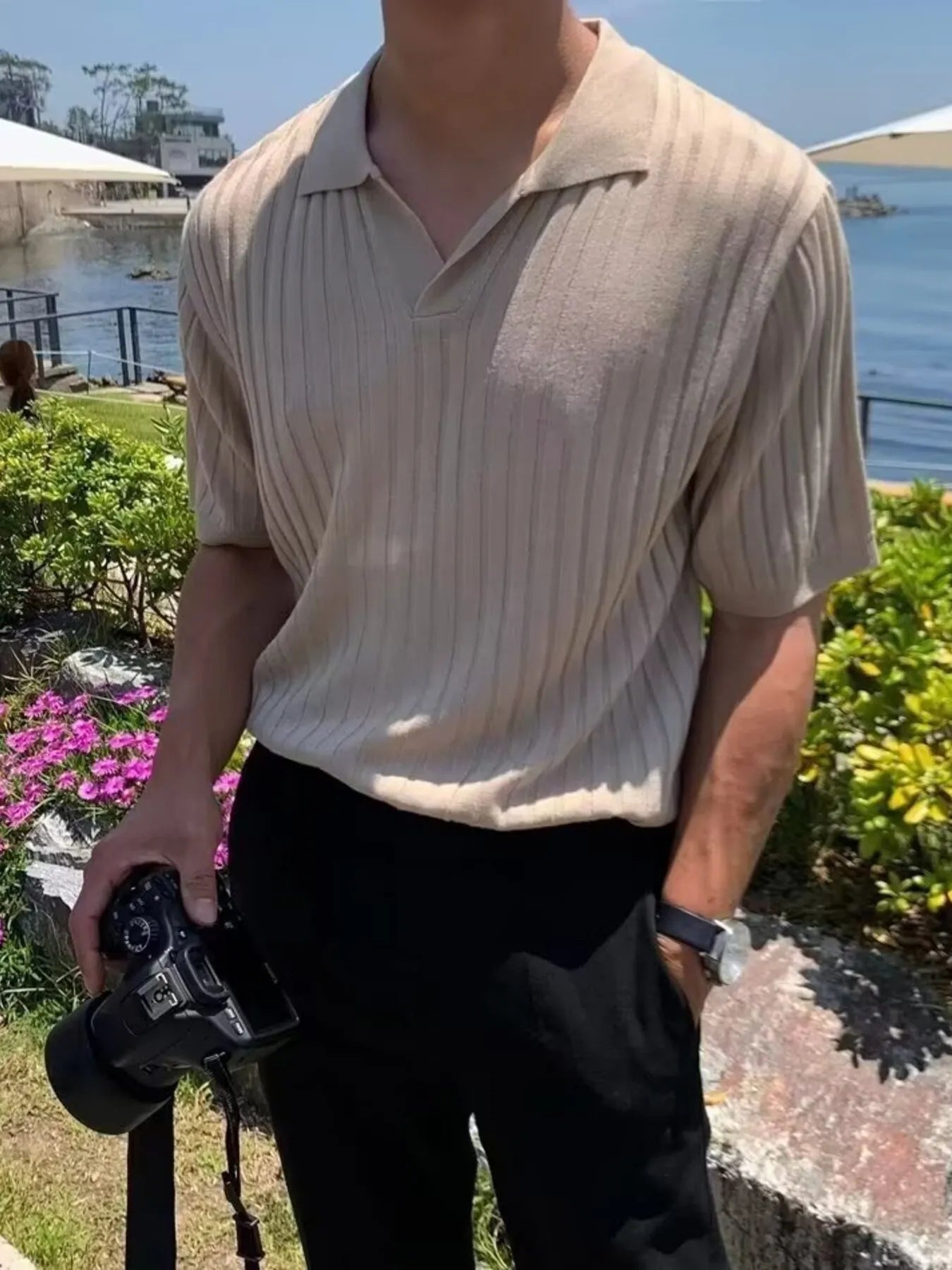 Men's Full Size Ribbed Short Sleeve Knit Polo Plus Size